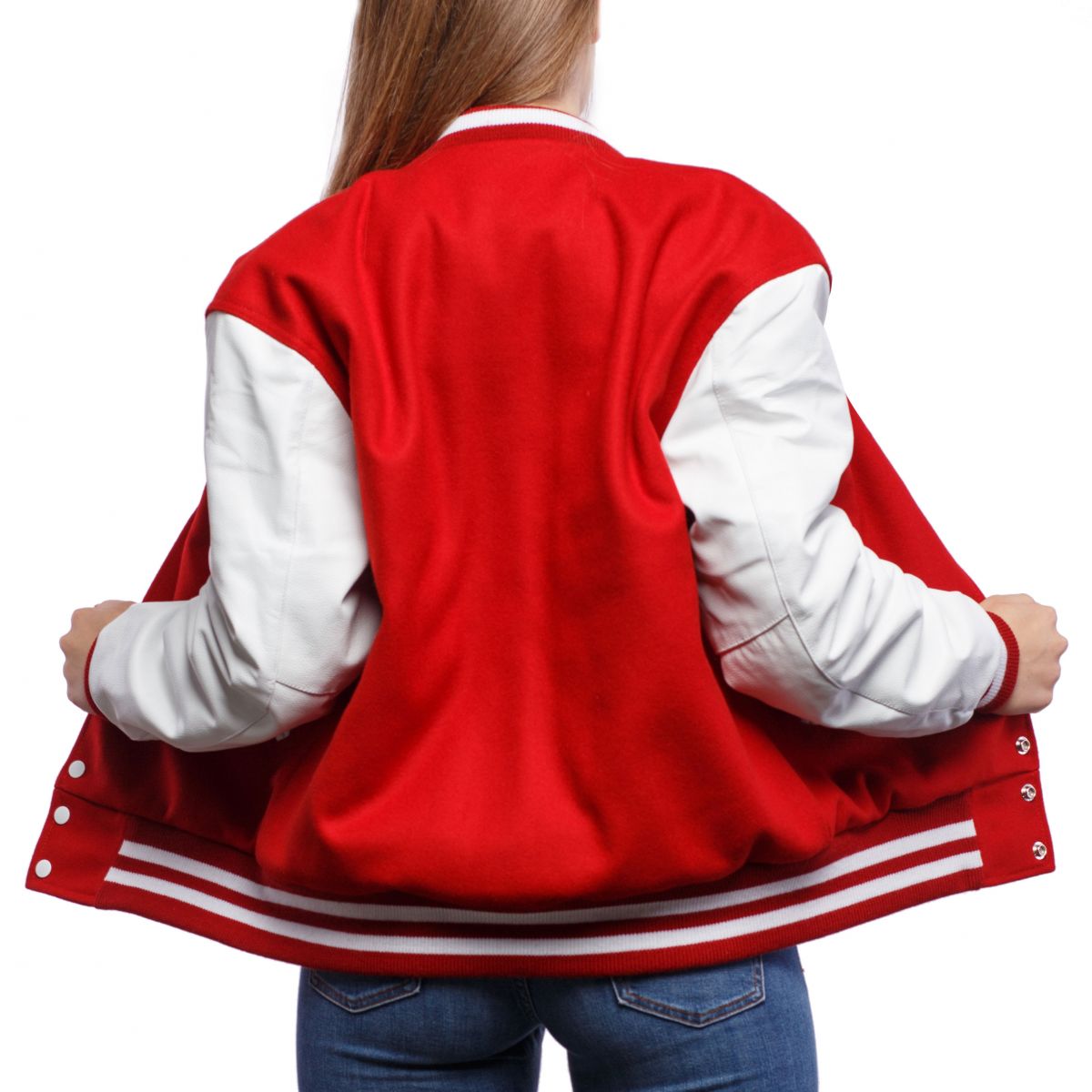 Scarlet Wool Body & Bright White Leather Sleeves Varsity Jacket