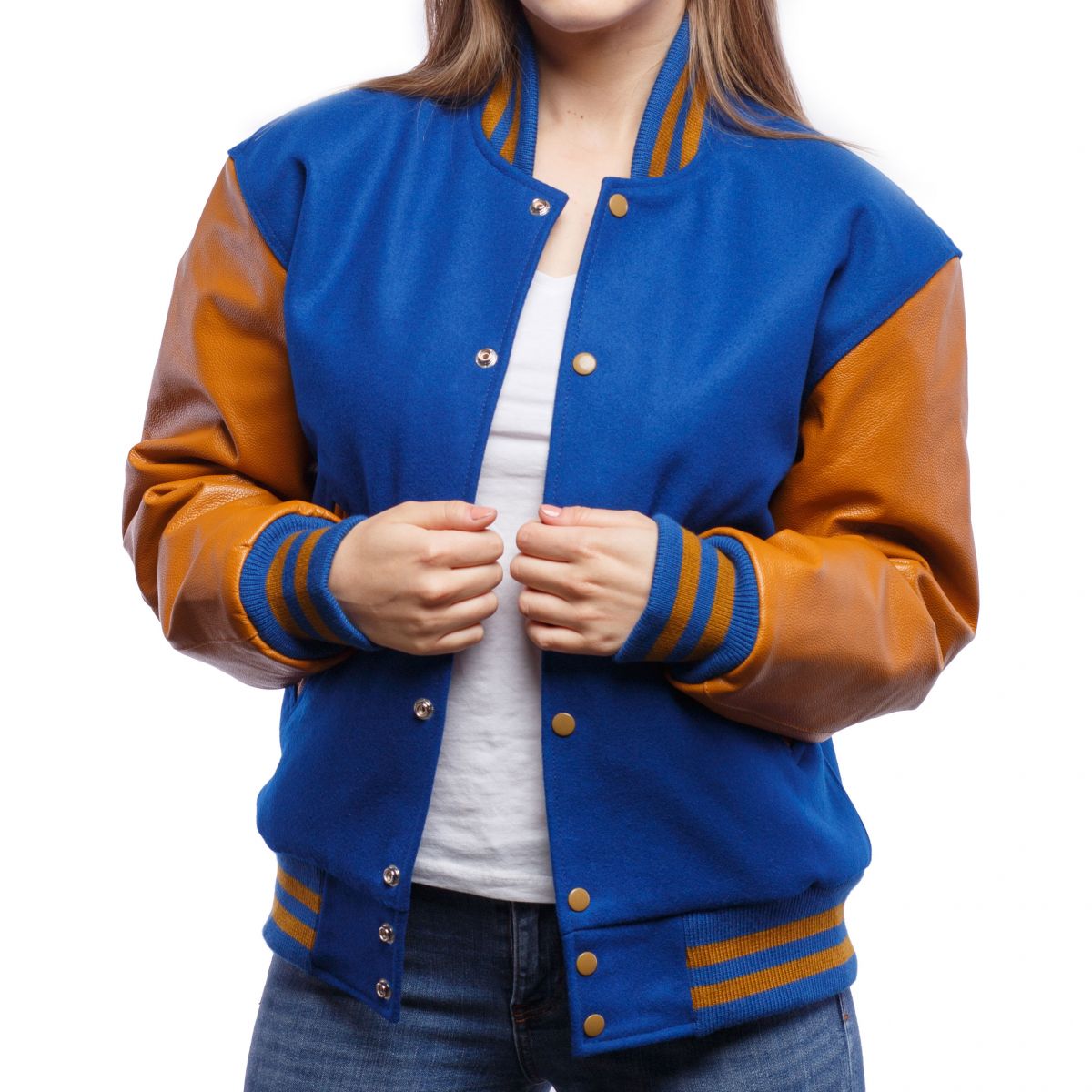 Royal Wool Body & Old Gold Leather Sleeves Varsity Jacket