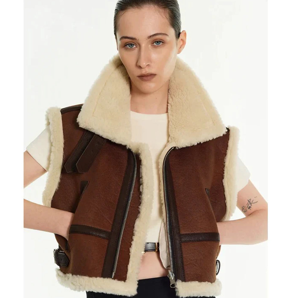 Women's Brown Shearling Aviator Leather Vest