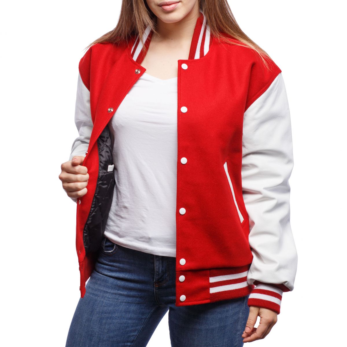 Scarlet Wool Body & Bright White Leather Sleeves Varsity Jacket