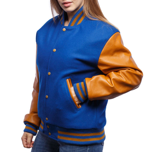 Royal Wool Body & Old Gold Leather Sleeves Varsity Jacket