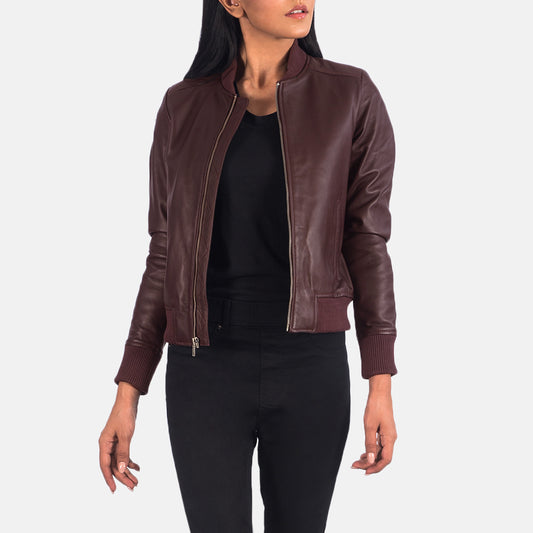 Bliss Maroon Leather Bomber Jacket