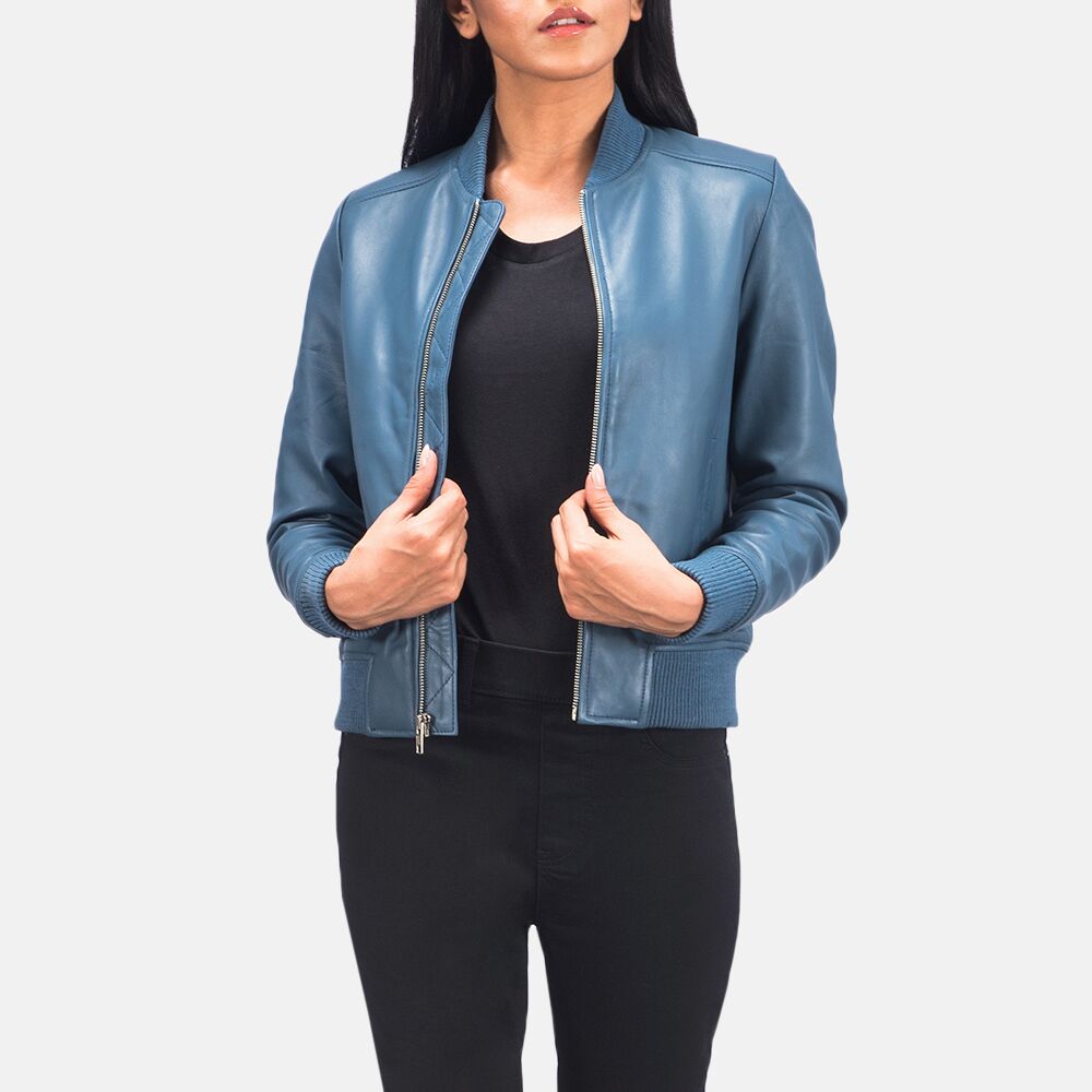 Bliss Blue Leather Bomber Jacket