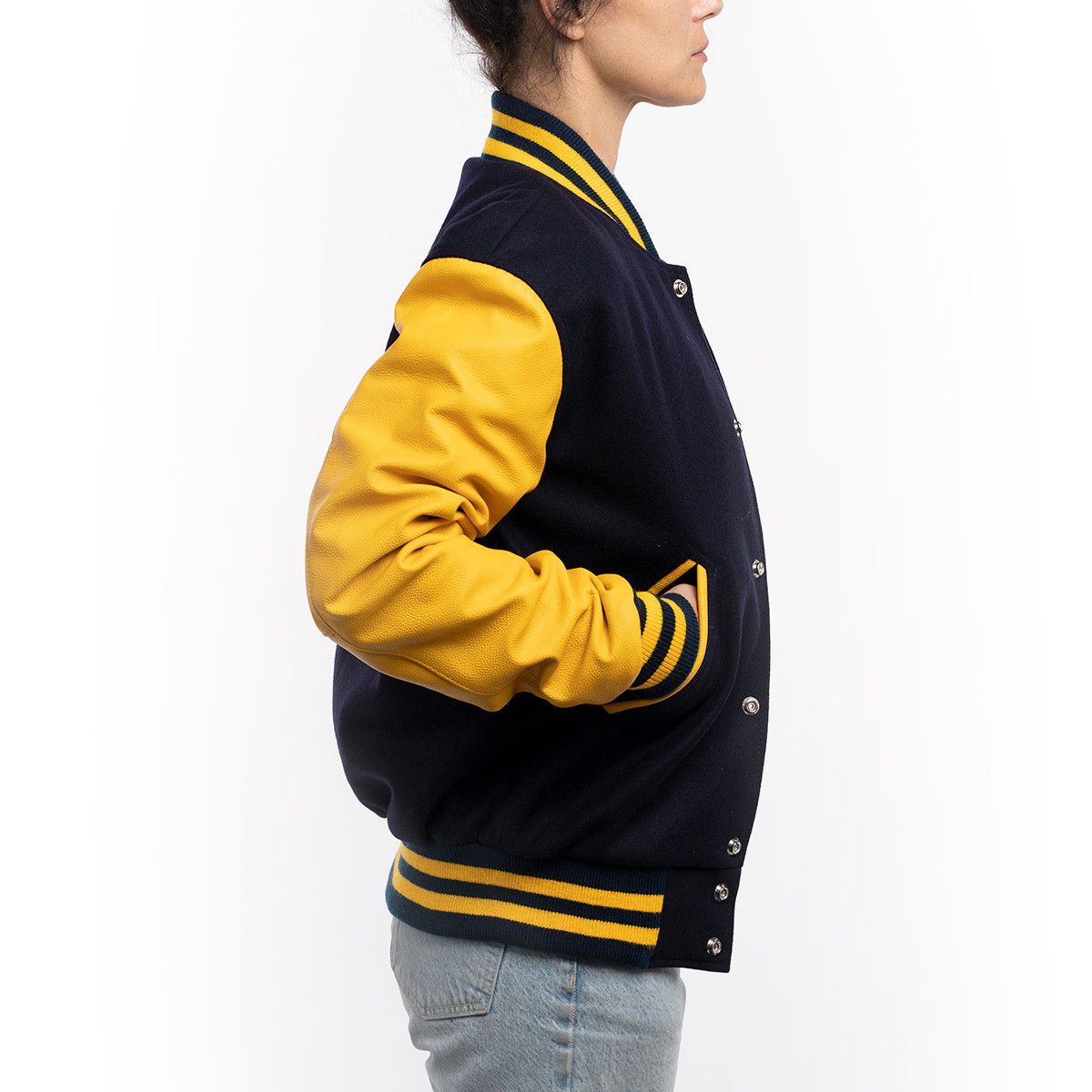 Navy Blue Wool Body & Lemon Leather Sleeves Letterman Jacket