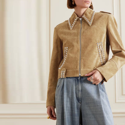Women's Suede Leather Western Studded Brown Jacket