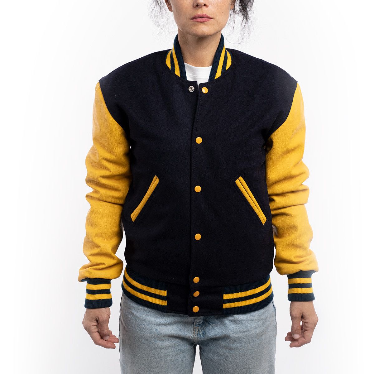 Navy Blue Wool Body & Lemon Leather Sleeves Letterman Jacket