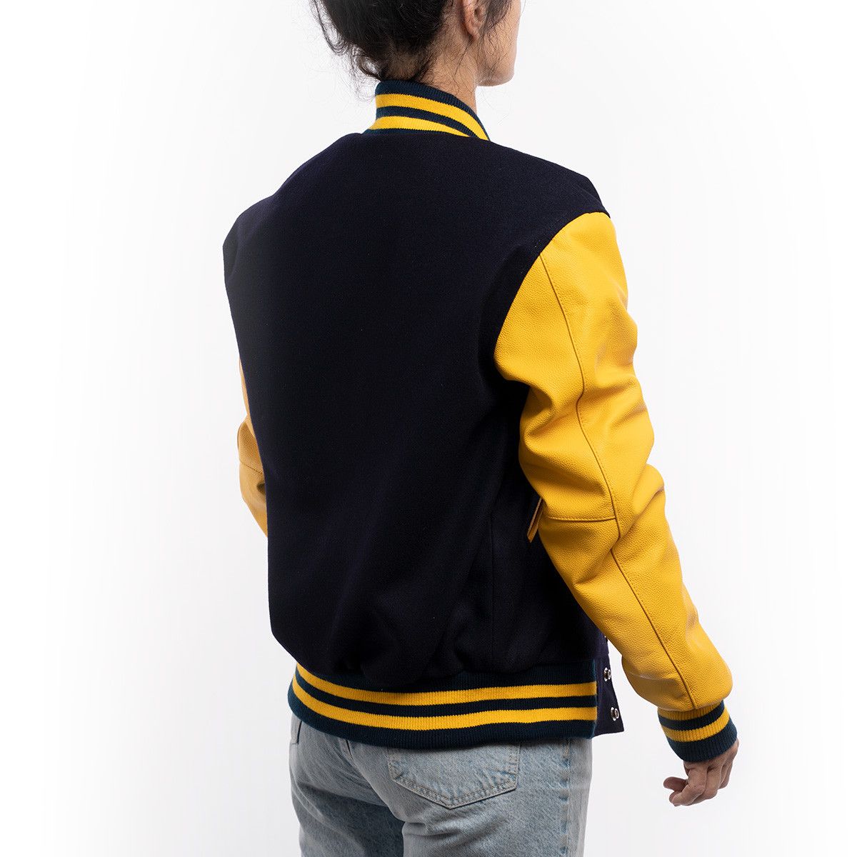 Navy Blue Wool Body & Lemon Leather Sleeves Letterman Jacket