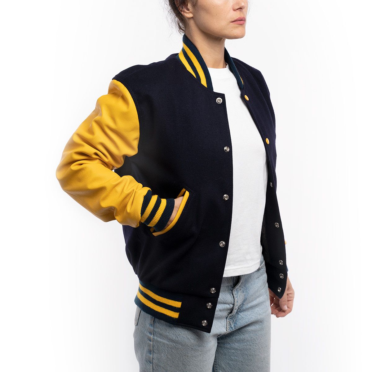 Navy Blue Wool Body & Lemon Leather Sleeves Letterman Jacket