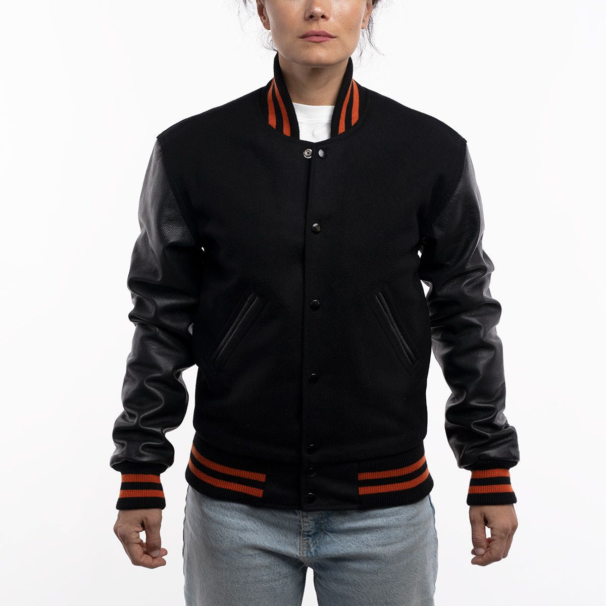 All Black with Orange Stripes Letterman Jacket