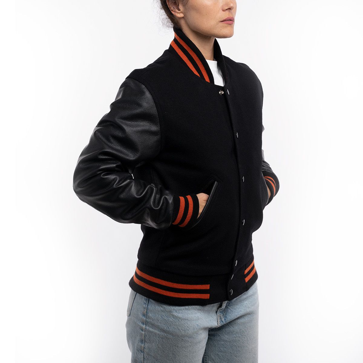 All Black with Orange Stripes Letterman Jacket