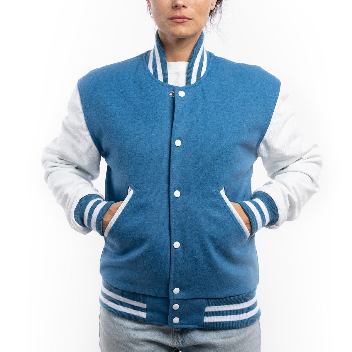 Newark Blue Wool Body & Bright White Leather Sleeves Letterman Jacket