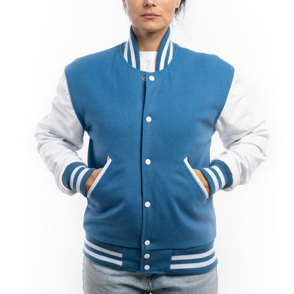 Newark Blue Wool Body & Bright White Leather Sleeves Letterman Jacket