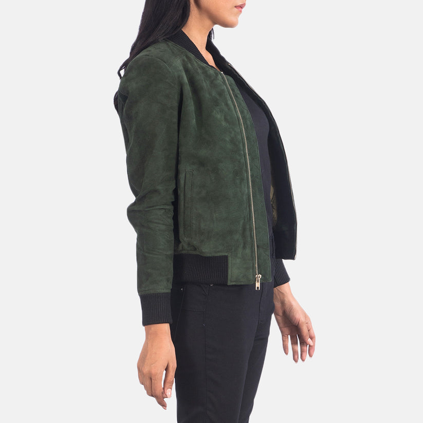 New Women Green Bomber Western Leather Suede Jacket