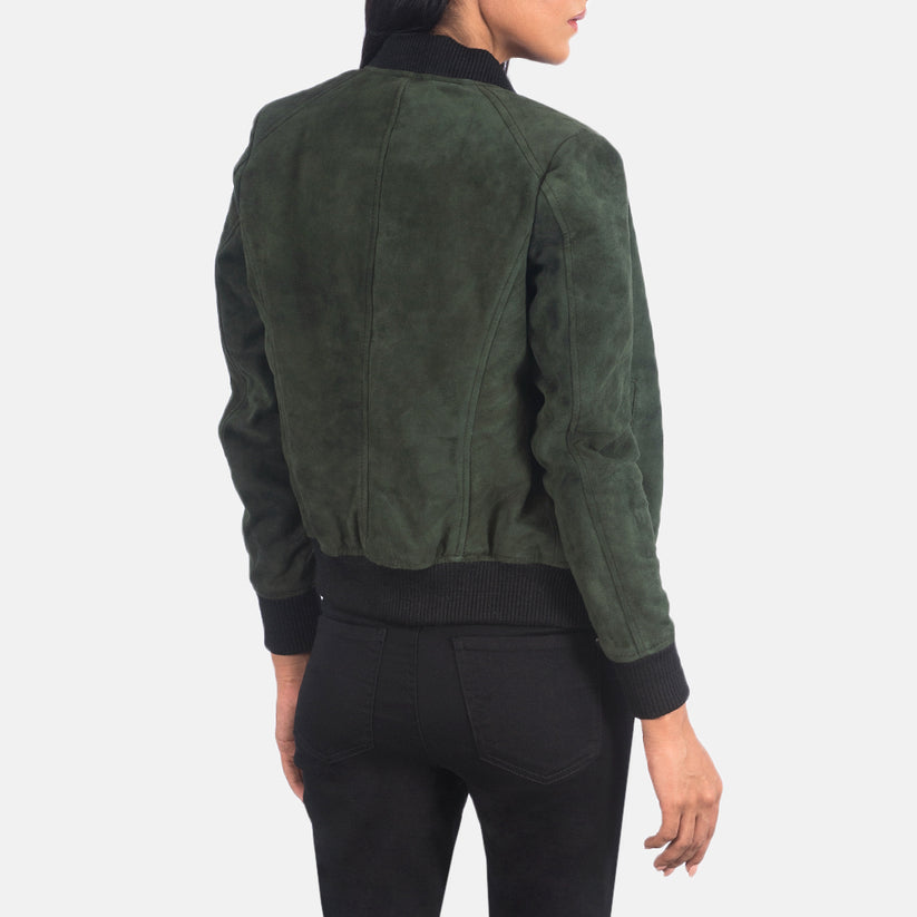 New Women Green Bomber Western Leather Suede Jacket