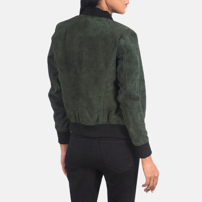 New Women Green Bomber Western Leather Suede Jacket
