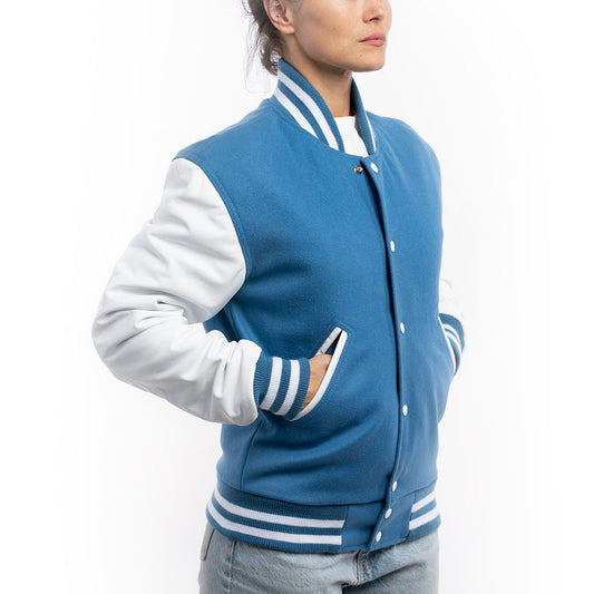 Newark Blue Wool Body & Bright White Leather Sleeves Letterman Jacket