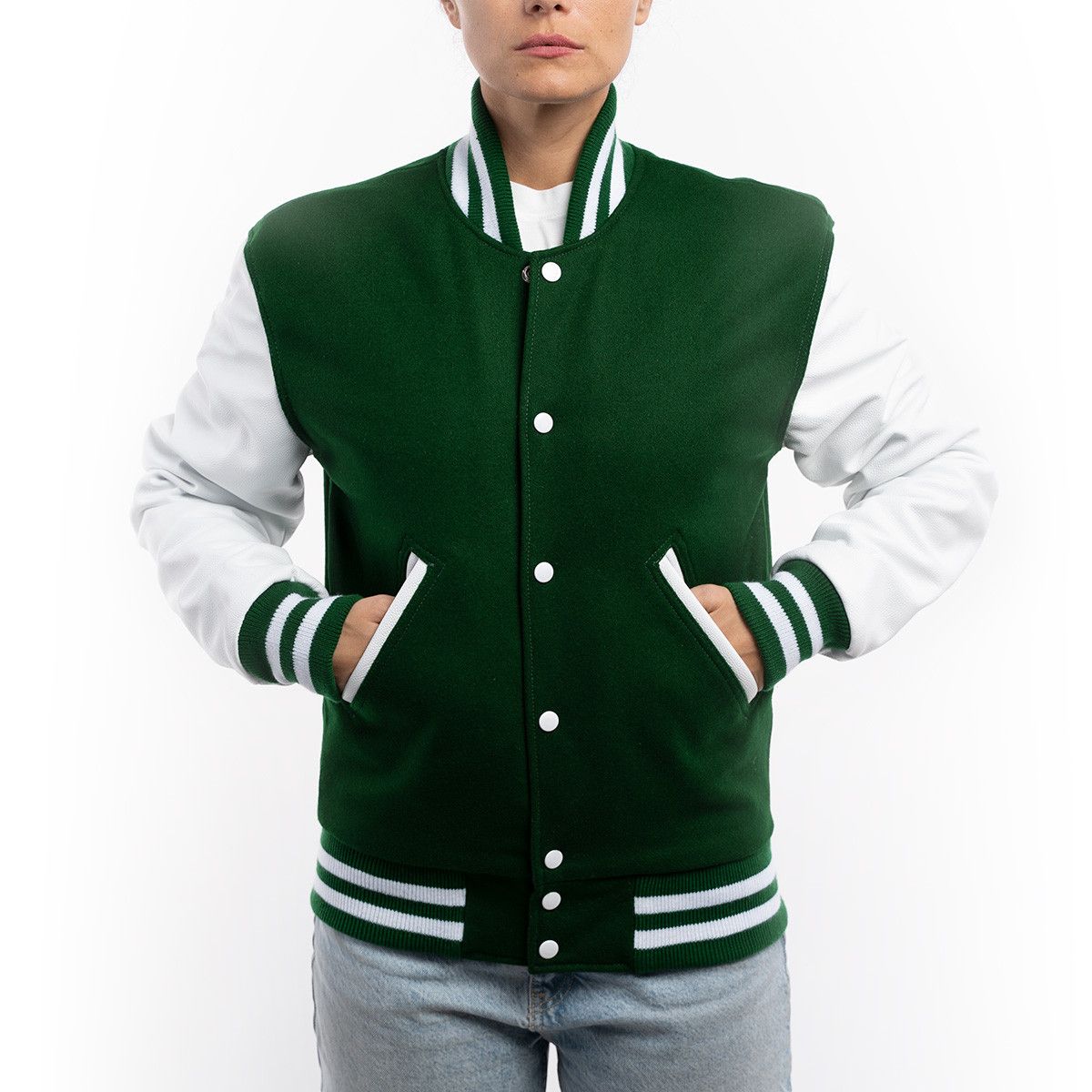 Kelly Green Wool Body & Bright White Leather Sleeves Letterman Jacket