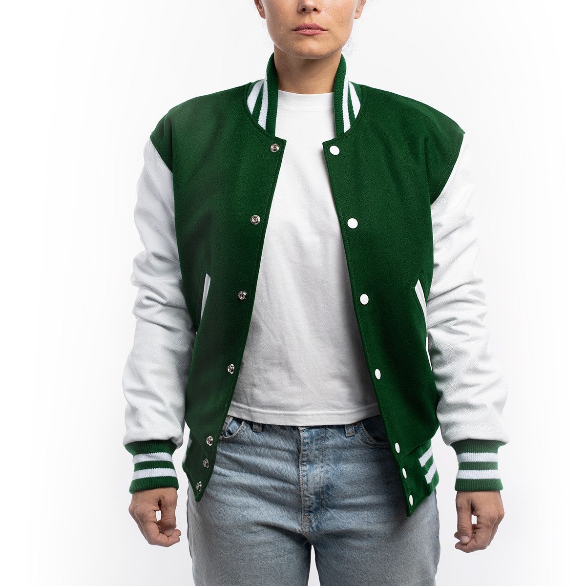 Kelly Green Wool Body & Bright White Leather Sleeves Letterman Jacket