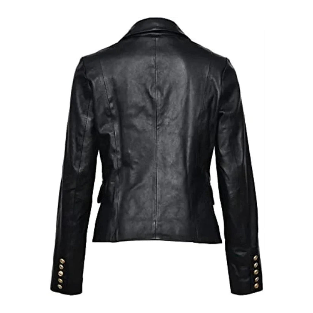 Women's Designer Double Breasted Black Leather Blazer