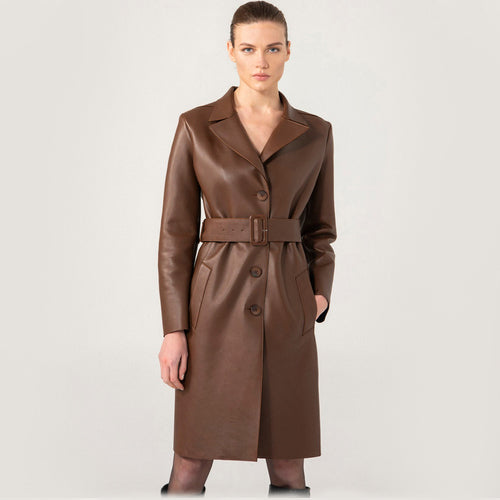 Women Brown Laminated Leather Coat