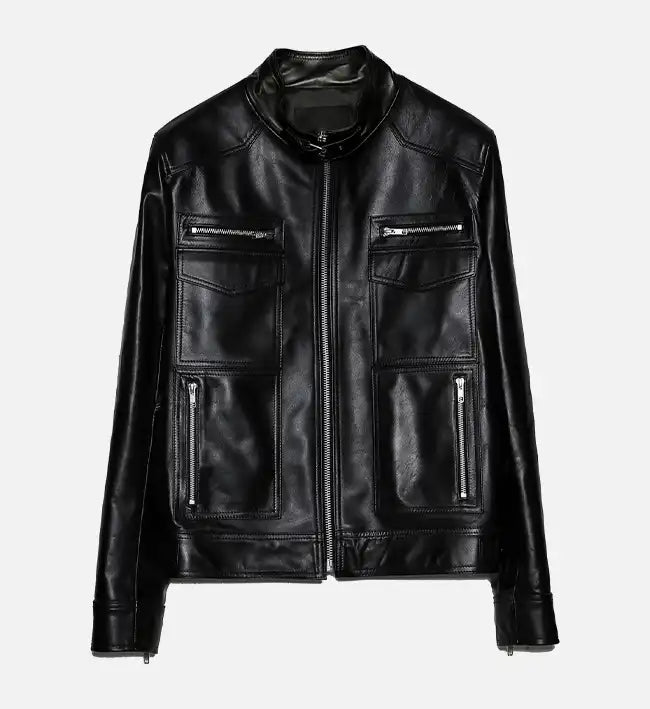 Men leather biker jacket front view showcasing genuine leather finish and biker style design