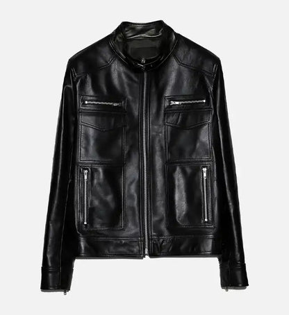 Men leather biker jacket front view showcasing genuine leather finish and biker style design