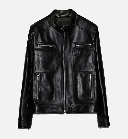 Men leather biker jacket front view showcasing genuine leather finish and biker style design
