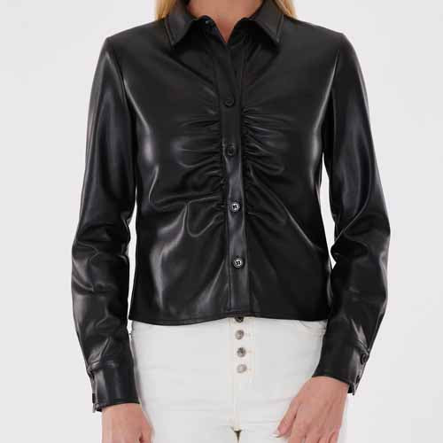 Faux Leather Button-Up Shirt with Ruching Detail