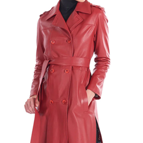 Womens Red Nappa Leather Long Coat