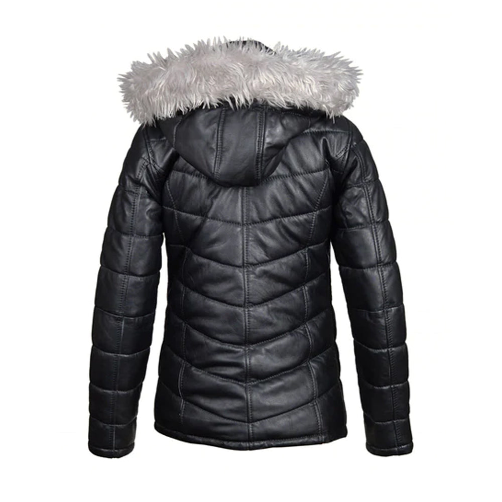 Winter Puffer Leather Jacket With Fur Trimmed Hoodie