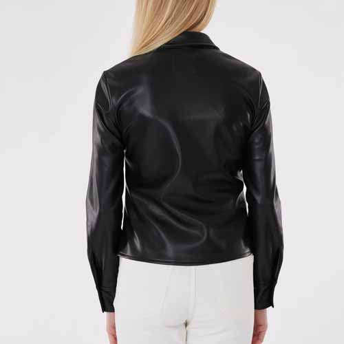 Faux Leather Button-Up Shirt with Ruching Detail