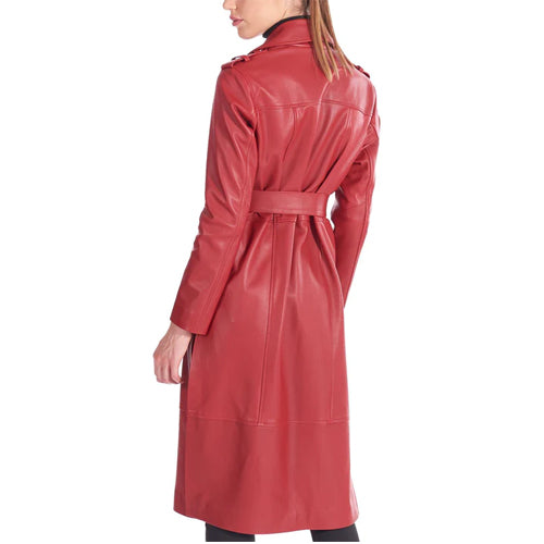 Womens Red Nappa Leather Long Coat