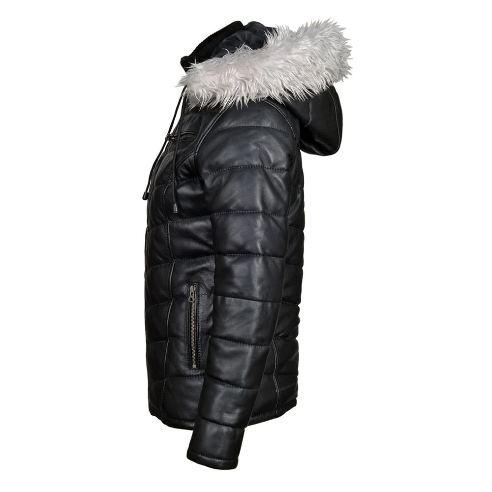 Winter Puffer Leather Jacket With Fur Trimmed Hoodie