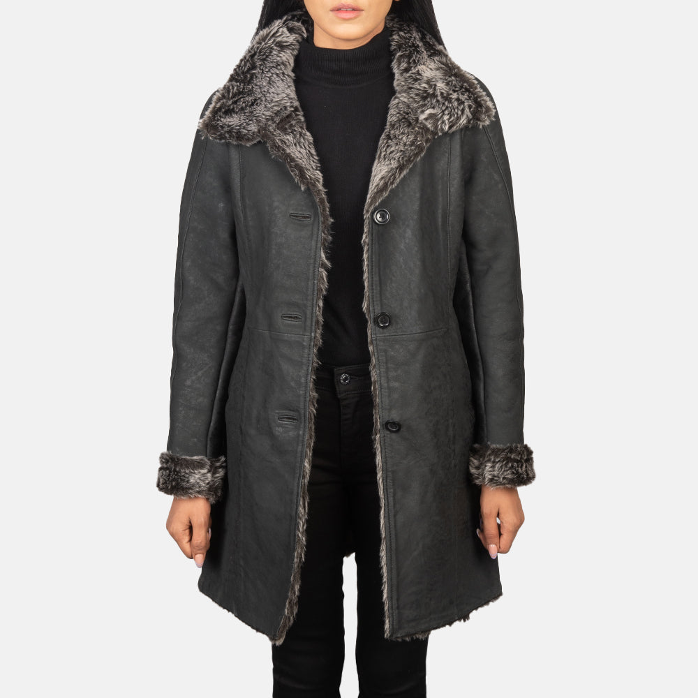 Shearling Black Leather Fur Coat