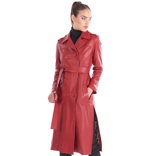 Womens Red Nappa Leather Long Coat