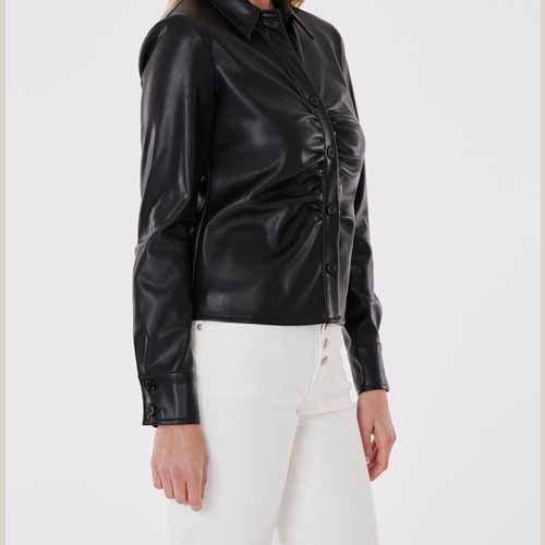 Faux Leather Button-Up Shirt with Ruching Detail