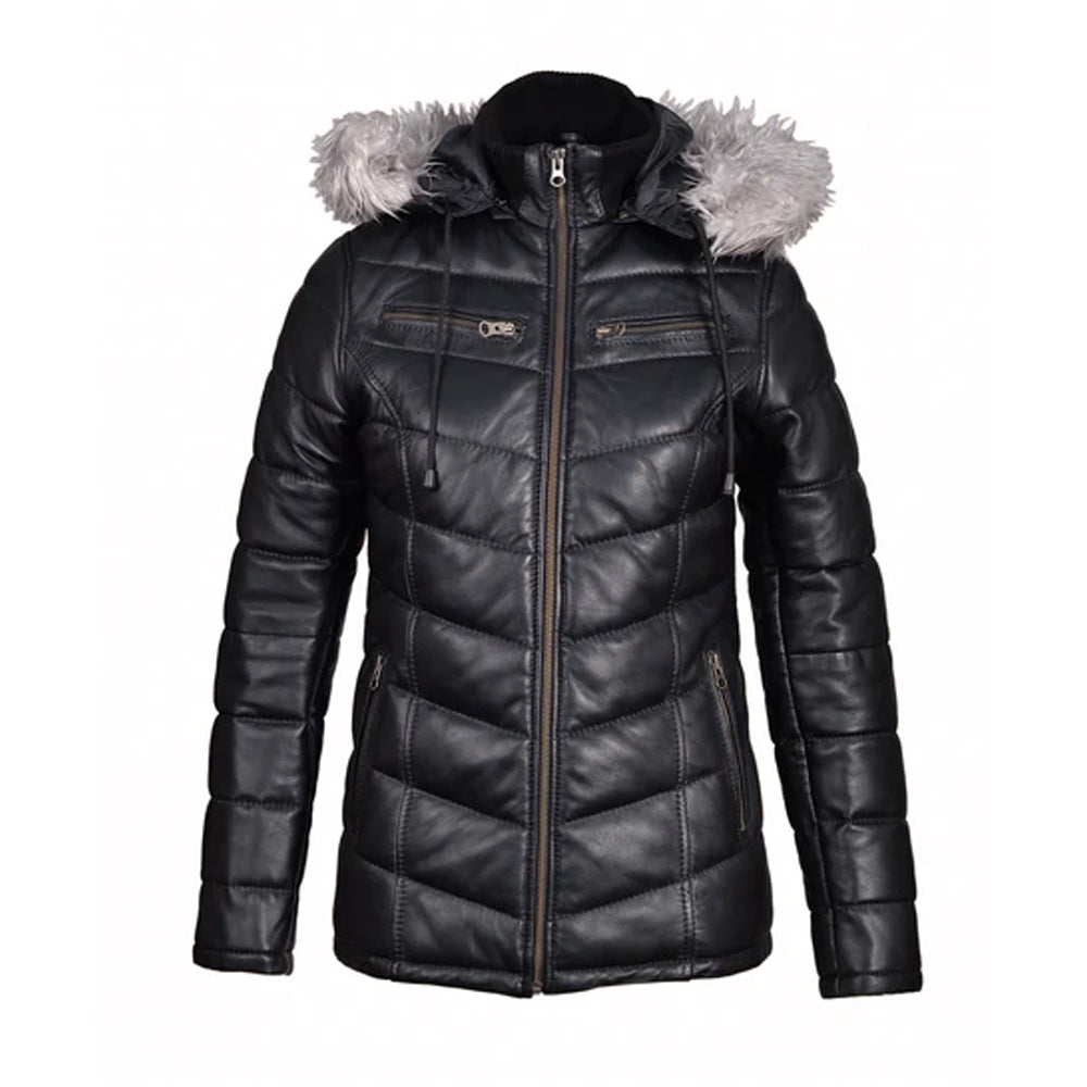 Winter Puffer Leather Jacket With Fur Trimmed Hoodie