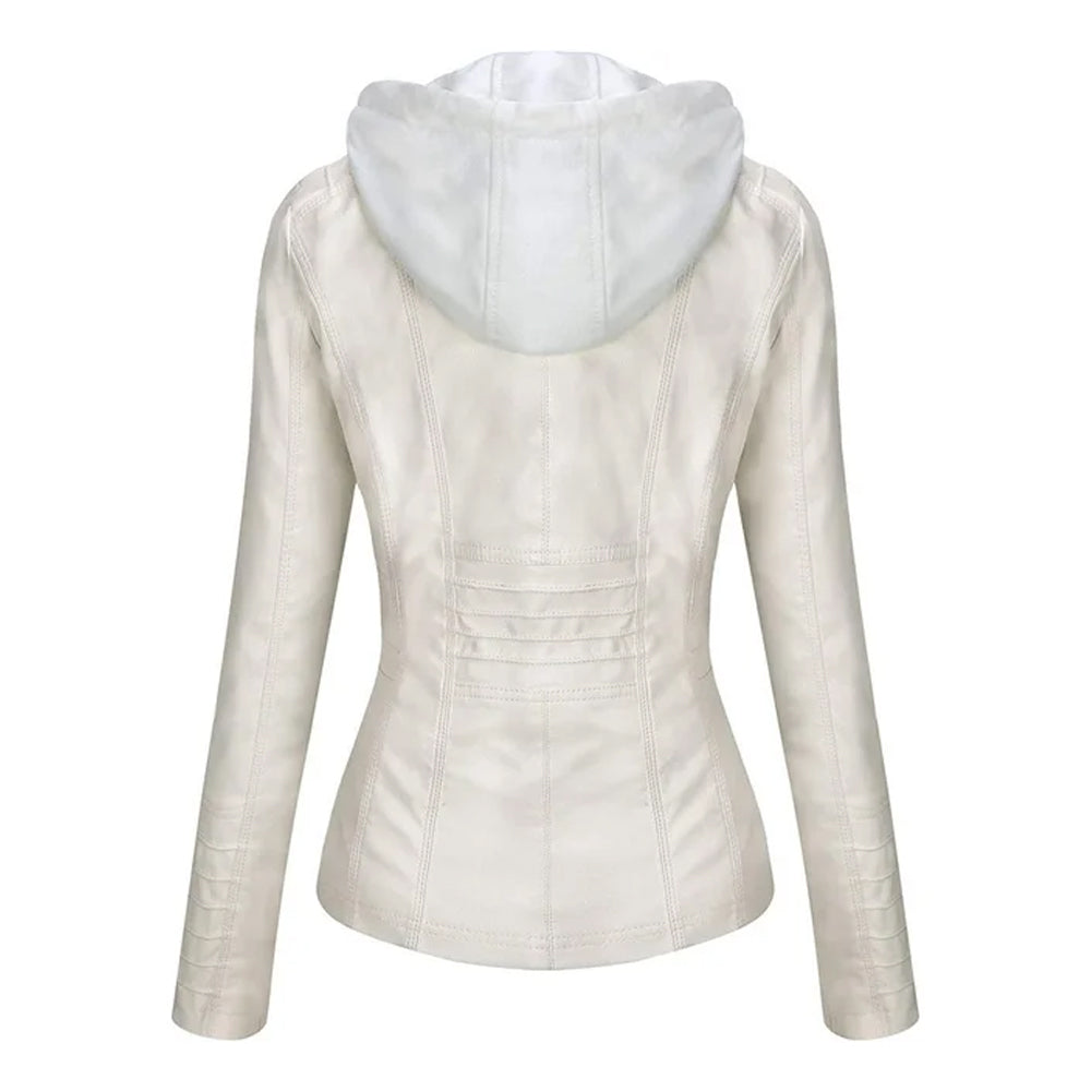 Women's Removable White Hooded Faux Leather Jacket