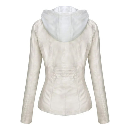 Women's Removable White Hooded Faux Leather Jacket