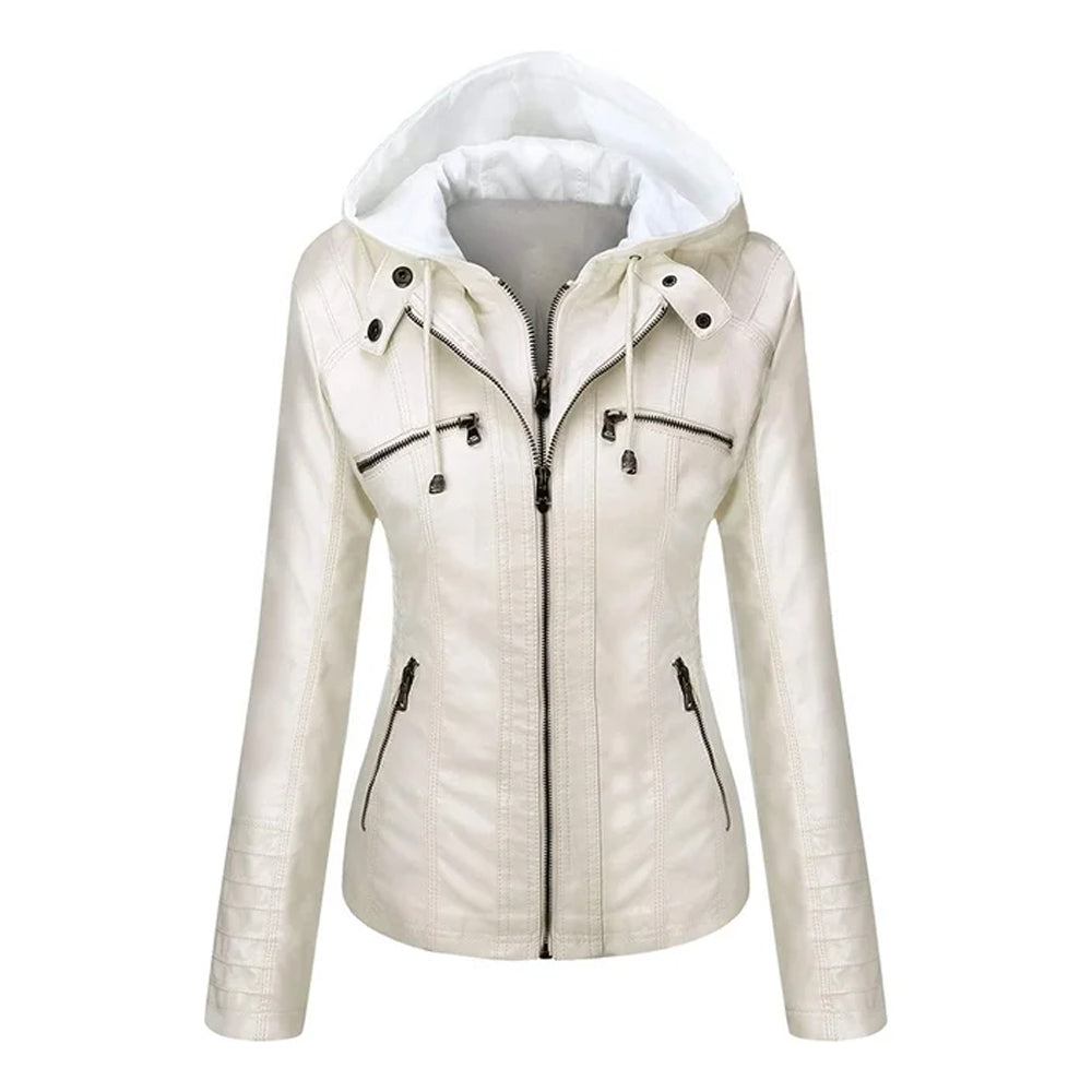 Women's Removable White Hooded Faux Leather Jacket