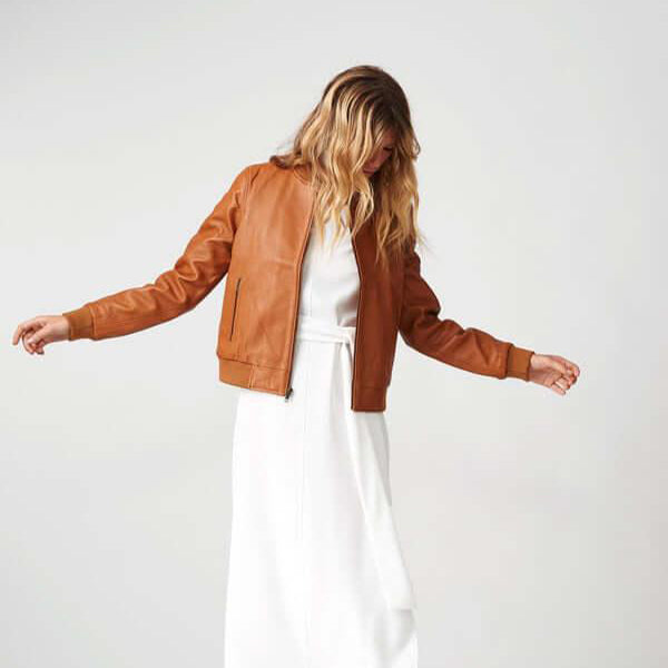 Womens Bolzano Light Brown Bomber Leather Jacket