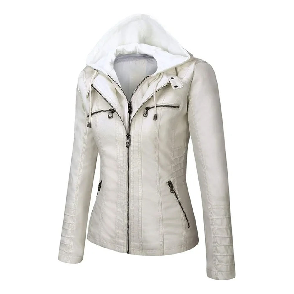 Women's Removable White Hooded Faux Leather Jacket