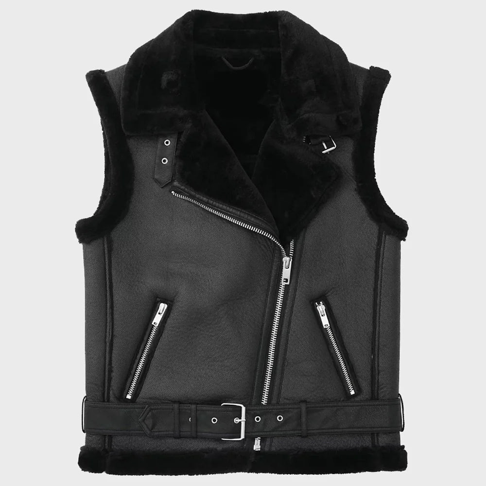 Women's Vintage Sleeveless Faux Shearling Vest with Zipper Pockets