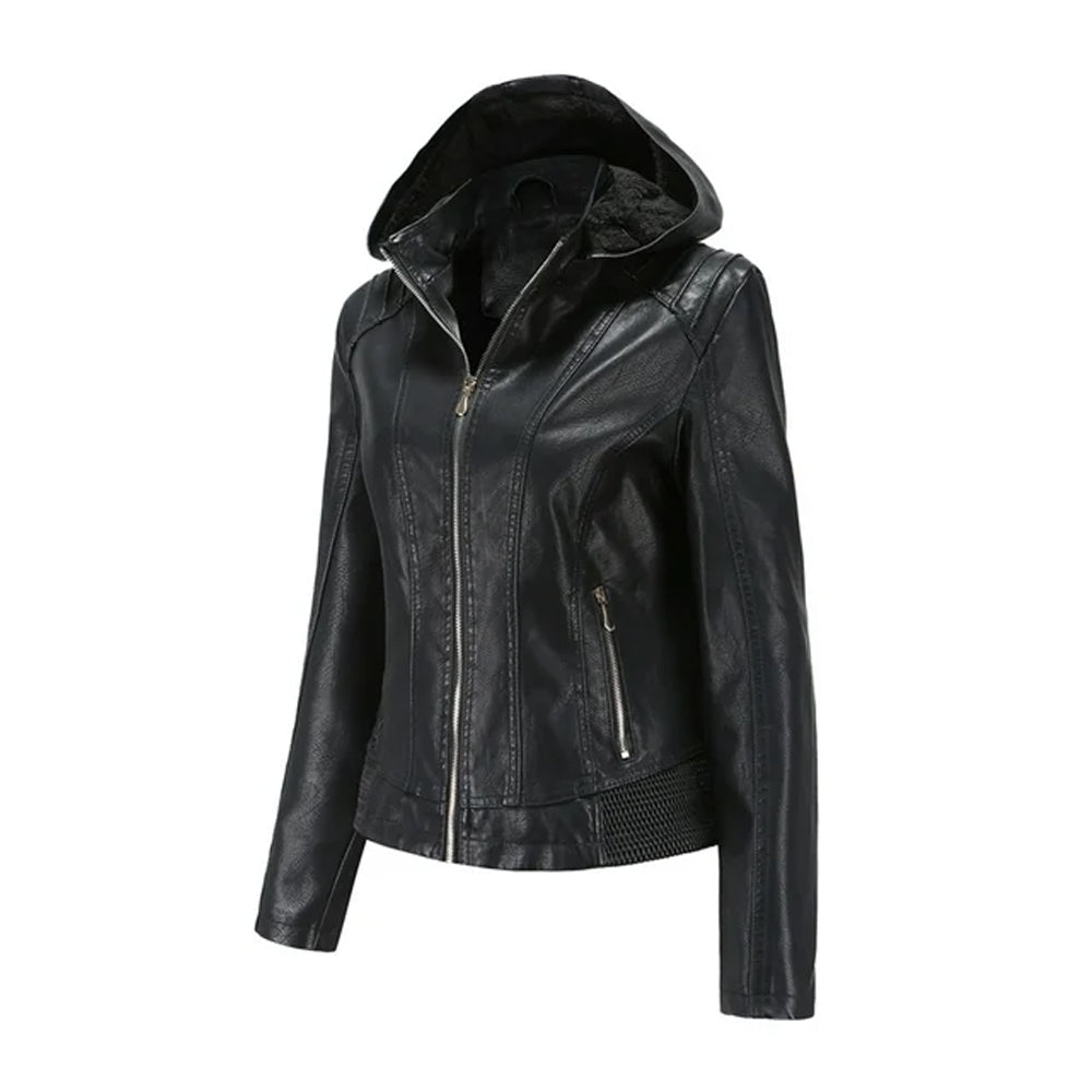 Women's Faux Brown Leather Hooded Jacket