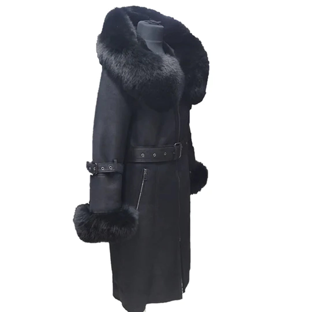 Black Belted Shearling coat with large fox fur hoodie