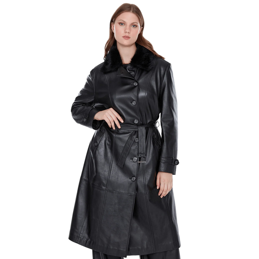 Black Fur Collar Buttoned Leather Women’s Trench Coat