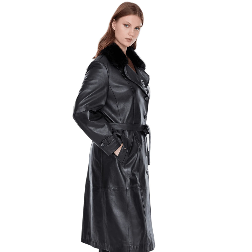 Black Fur Collar Buttoned Leather Women’s Trench Coat