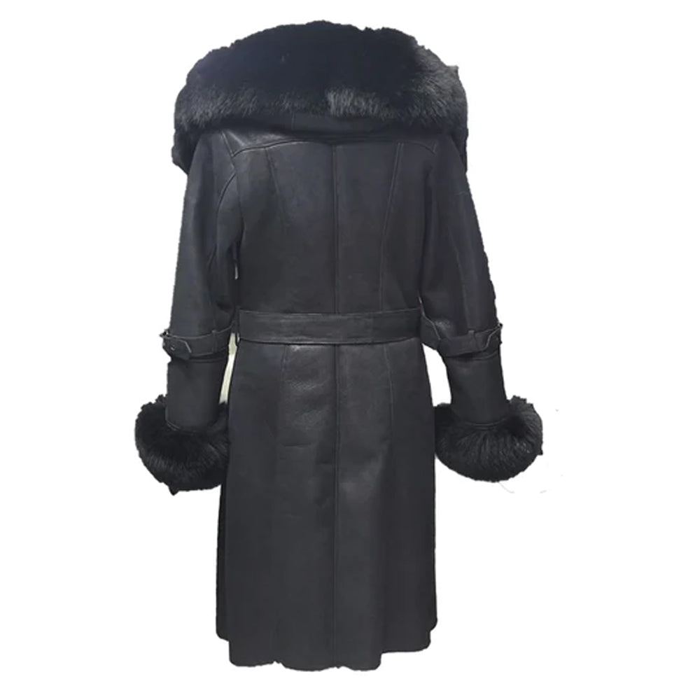 Black Belted Shearling coat with large fox fur hoodie