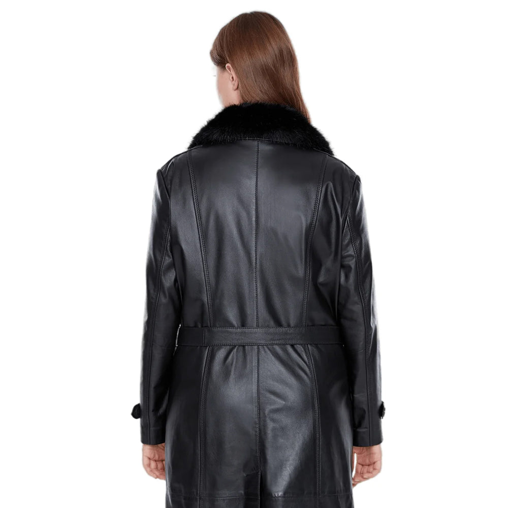 Black Fur Collar Buttoned Leather Women’s Trench Coat