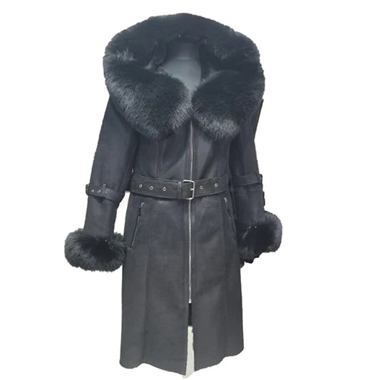 Black Belted Shearling coat with large fox fur hoodie